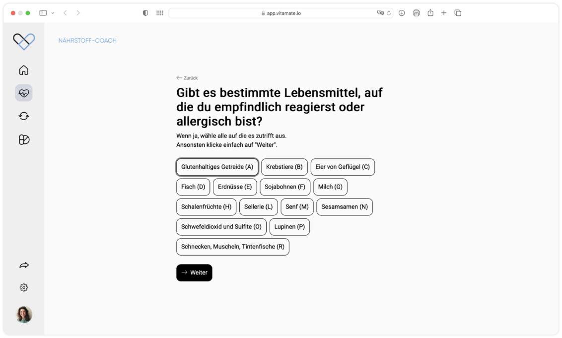vitamate web-app Gesundheits-Coach Seite