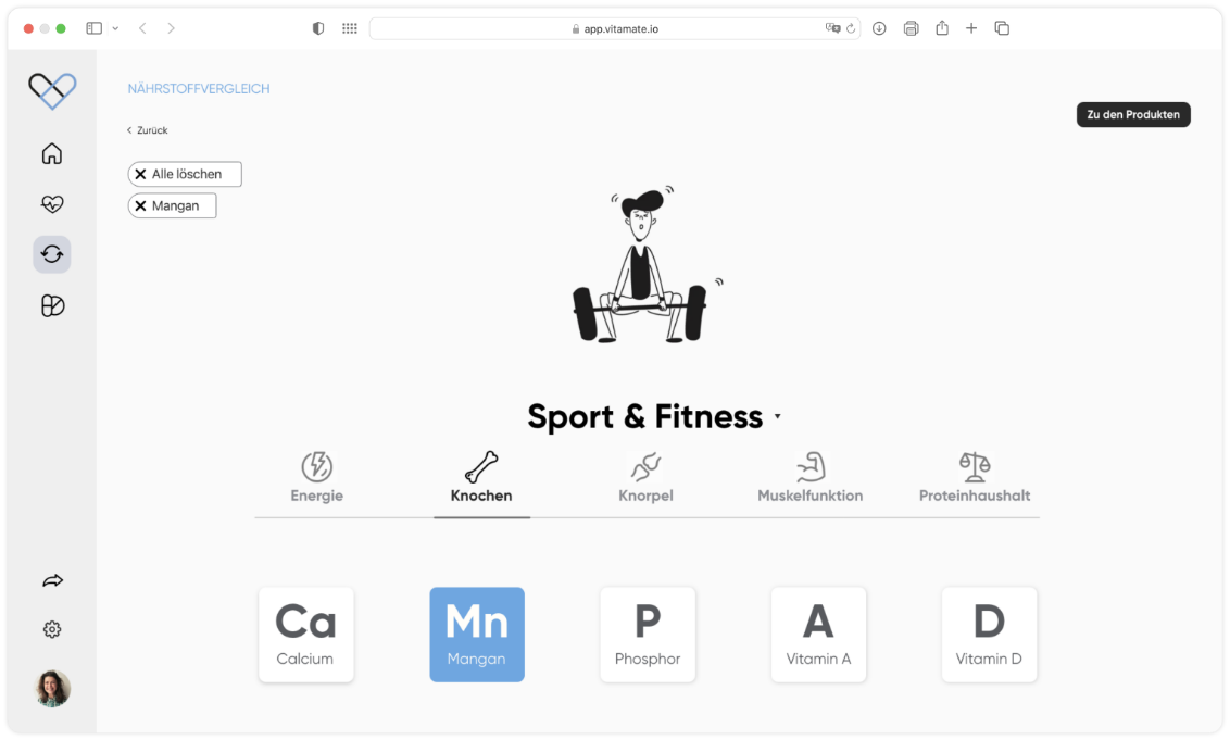 vitamate web-app Nährstoffvergleich Seite