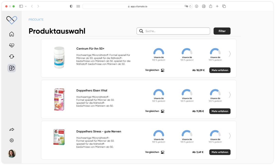 vitamate web-app Produkte Seite